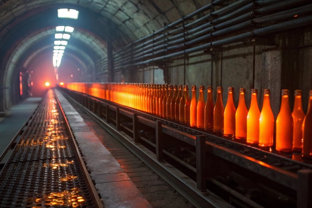Row of glowing hot glass bottles exiting long annealing lehr tunnel