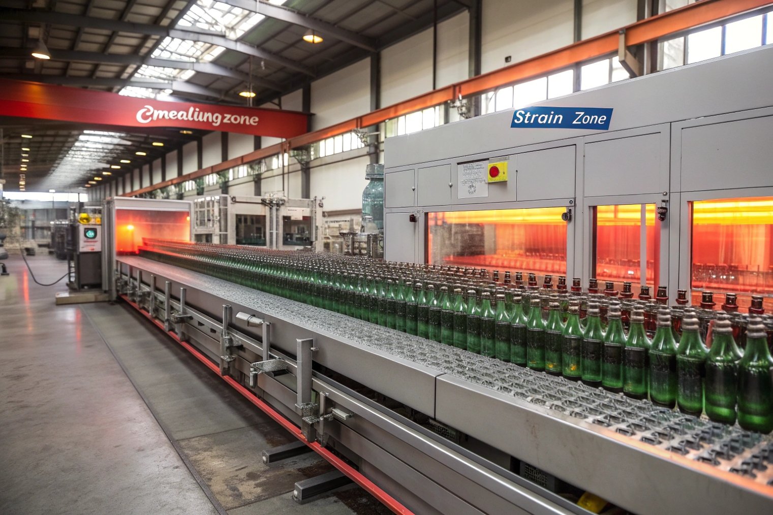 Green glass bottles passing through annealing strain zone on conveyor line