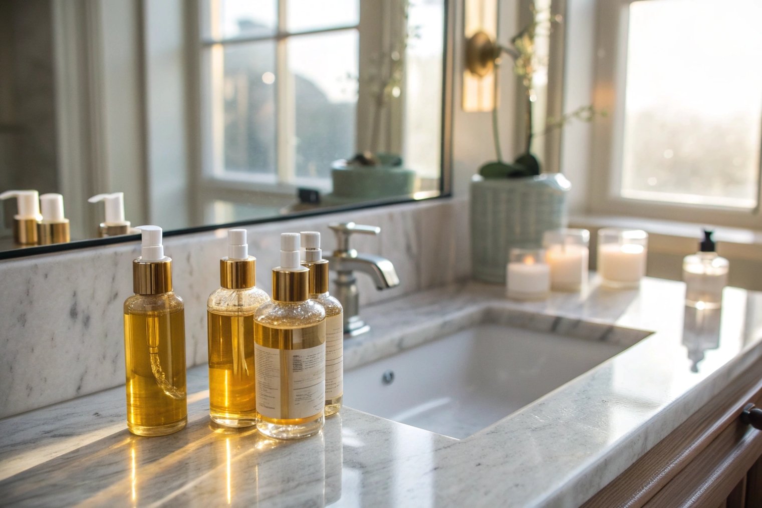 Amber cosmetic pump glass bottles arranged on luxury bathroom countertop
