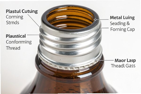 Close up of roll on metal cap and glass thread finish sealing structure
