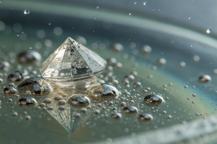 Water droplets on glass surface with crystal prism showing hydrophobic coating effect