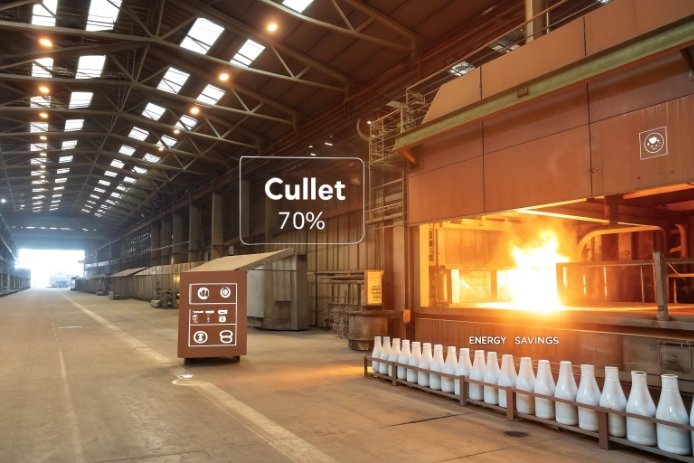 Glass plant furnace line with overlay “Cullet 70%” and “Energy savings,” showing high recycled cullet usage tied to reduced energy demand.