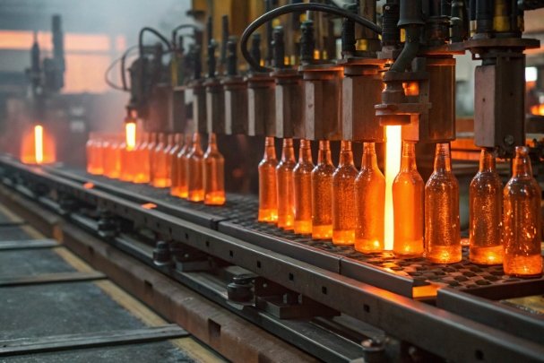Glass bottle forming machine line with glowing bottles during hot end production