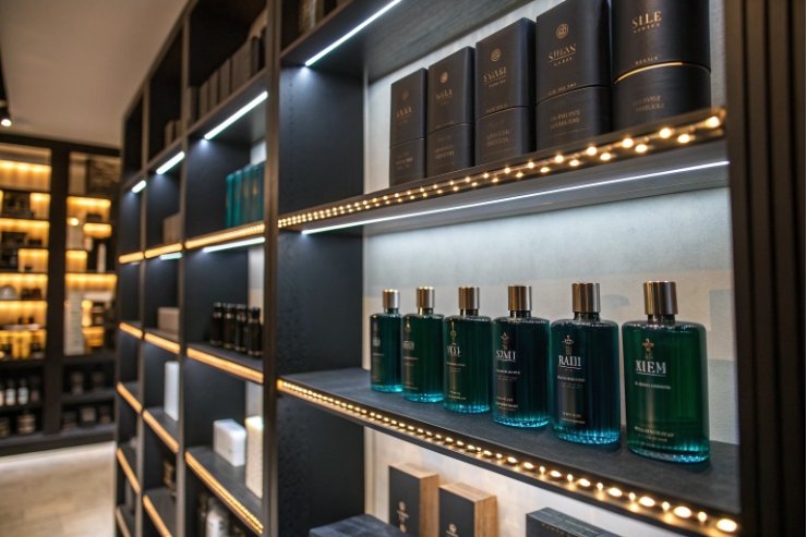 Luxury dark fragrance bottles on illuminated black shelves in premium perfume boutique