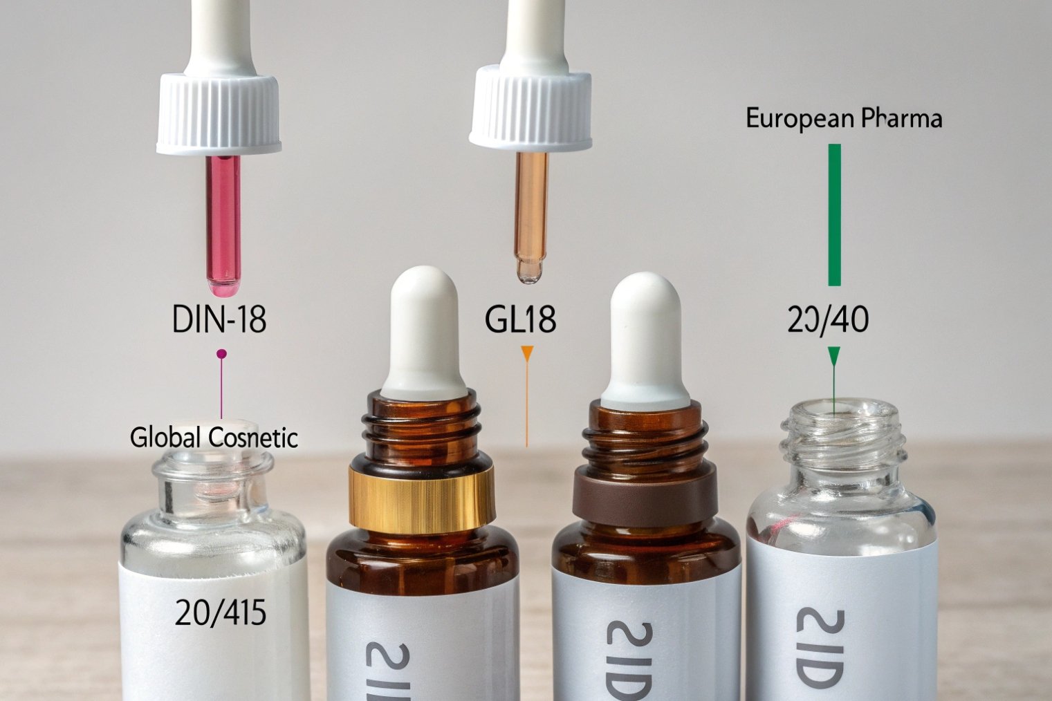 glass dropper bottles with DIN18 GL18 and 20 415 neck finishes