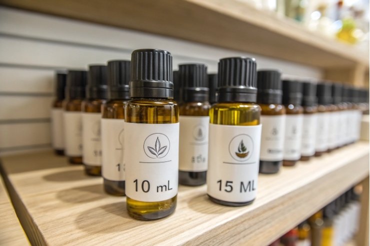 Labeled 10ml and 15ml amber essential oil bottles displayed on wooden retail shelf