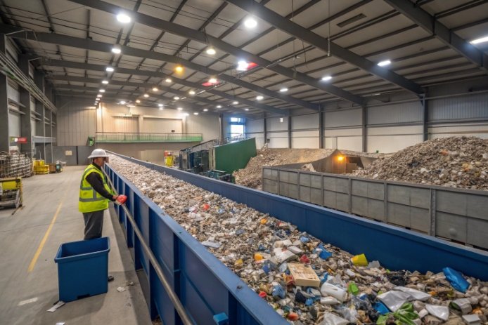Recycling plant sorting mixed waste and cullet on conveyor with worker inspection.