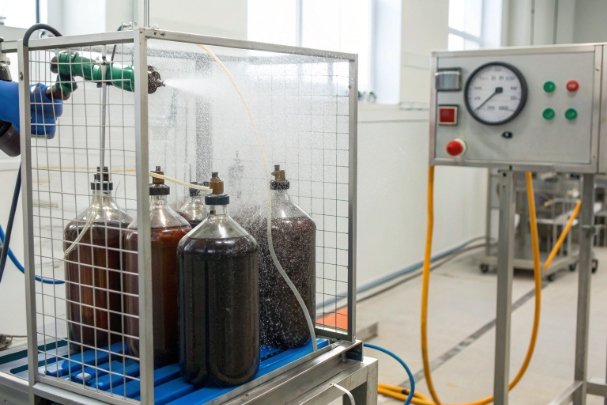 Pressure leak test Pressure testing station with large bottles in safety cage for leakage and seal verification