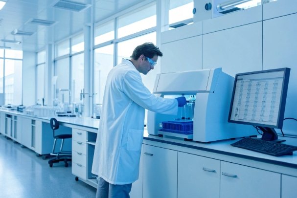 Lab technician operating analytical instrument in modern laboratory for quality testing