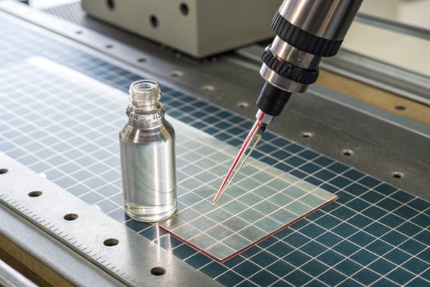 Laser inspection measuring coated glass sample beside small bottle for surface quality control