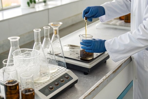 Lab technician stirring sample in beaker with glassware for formulation testing