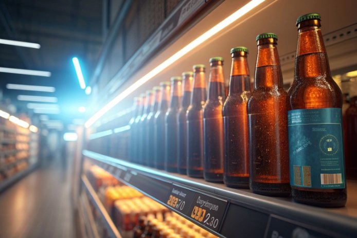 Amber beer bottles lined on retail shelf with labels and chilled lighting.
