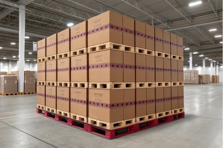 Palletized cartons stacked in large warehouse for bulk glass bottle shipping.