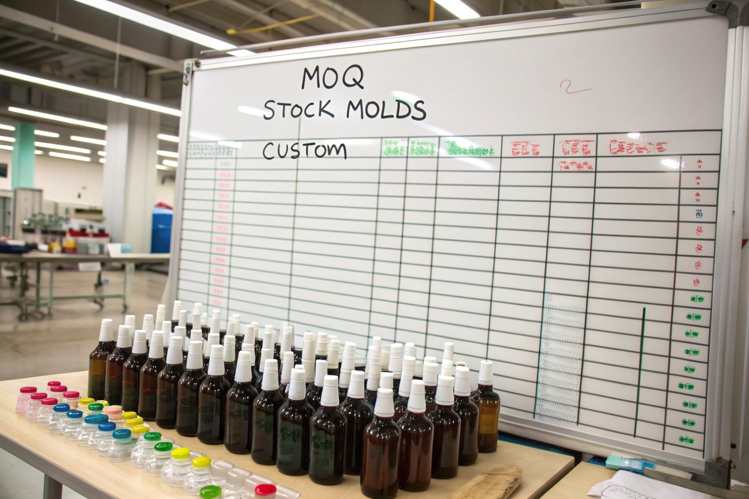 spray bottles and jar samples displayed before MOQ stock molds custom board
