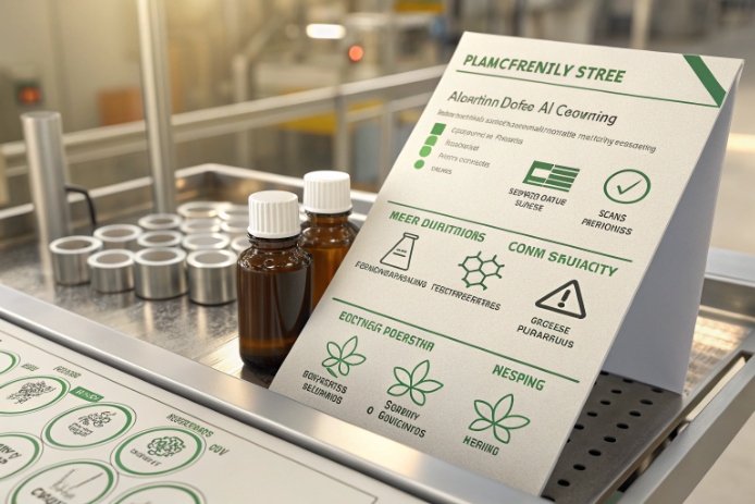 Sustainable packaging checklist beside amber bottles and caps on labeling line