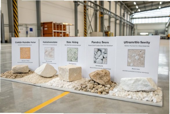 Glass batch raw materials display including silica, limestone, soda ash for bottle manufacturing.