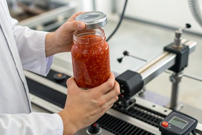 Operator performing cap torque test on filled sauce jar at quality inspection station