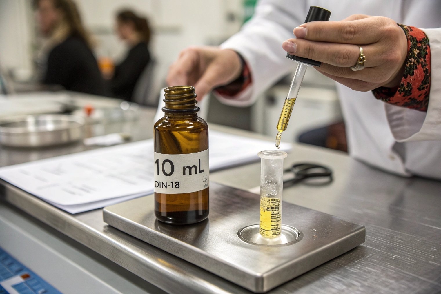 lab technician dispensing oil from dropper into graduated cylinder beside 10 ml bottle