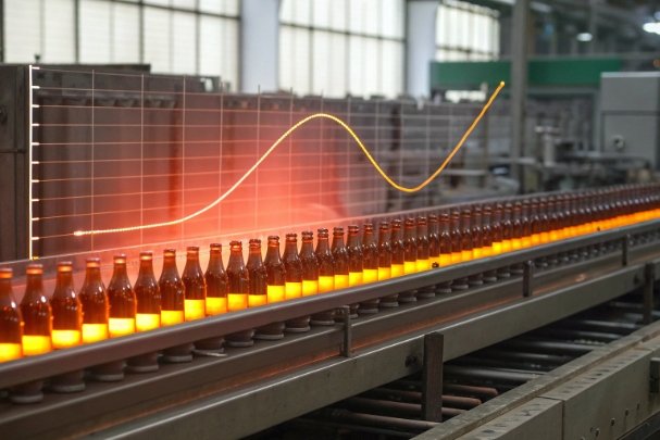 Hot bottles on conveyor with temperature curve overlay for annealing process control