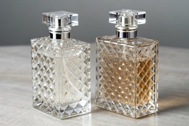 Crystal perfume bottles Two cut crystal glass perfume bottles with square caps for luxury fragrance packaging