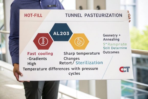 Hot-fill tunnel pasteurization infographic highlighting AL2O3, annealing, and temperature change factors