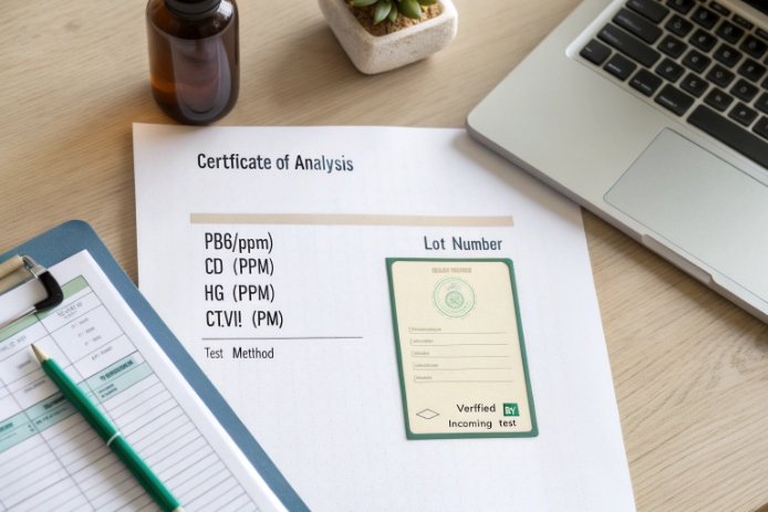 Certificate of analysis for Pb Cd Hg levels beside laptop and amber sample bottle