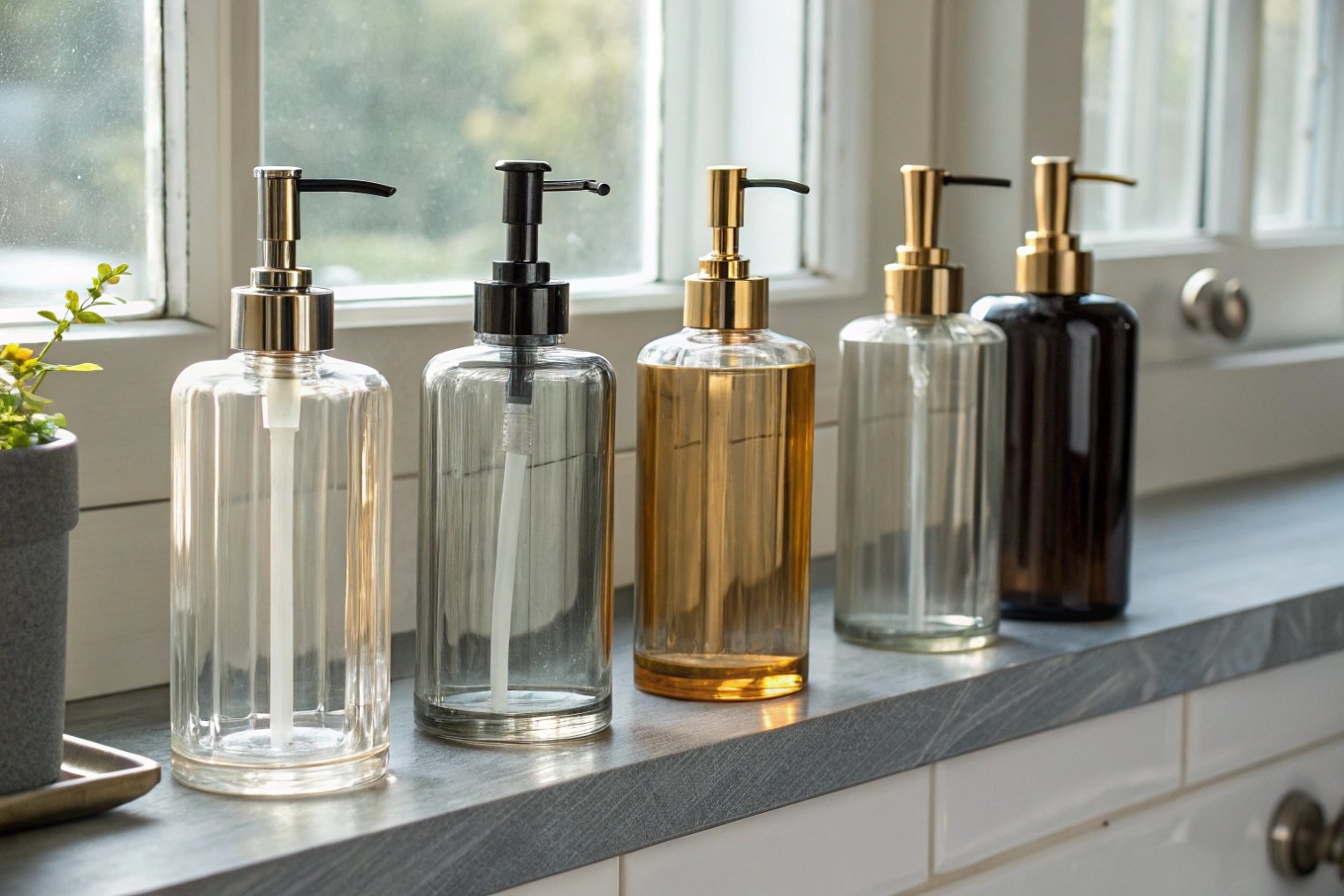 assorted clear glass soap dispensers with different metal pumps on kitchen windowsill