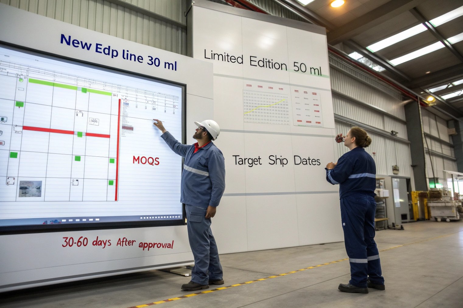 Production planners in hard hats reviewing a giant scheduling board marked with MOQs and target ship dates