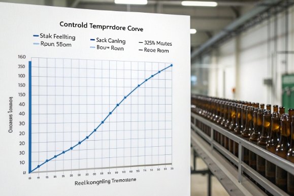 Temperature control performance chart beside rows of empty amber glass bottles on production conveyor