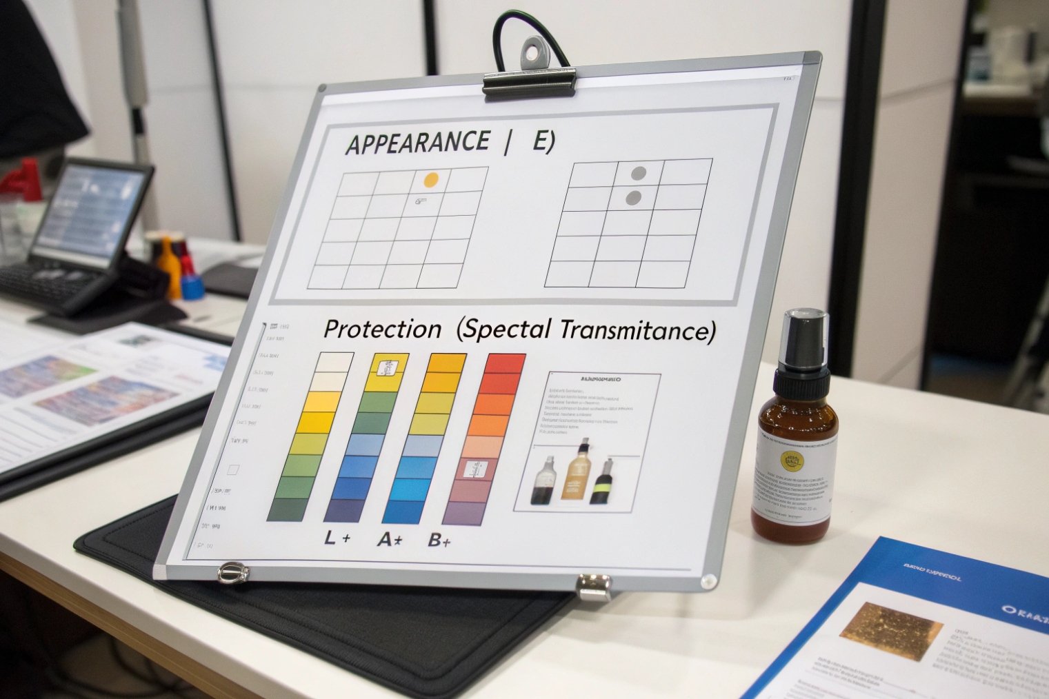 Display board linking appearance ΔE and protection spectral transmittance classes L+, A+, B+ for amber packaging