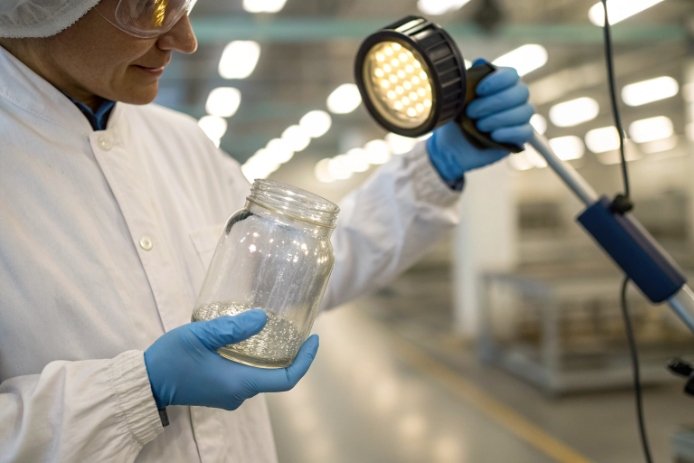 FuSenglass quality control officer inspecting glass bottles in manufacturing factory