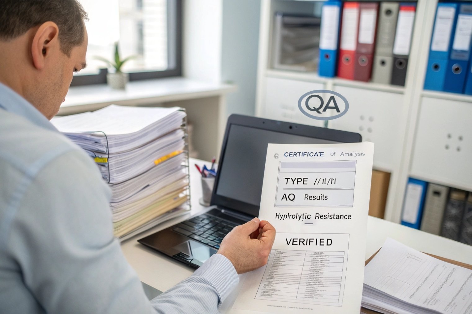 QA manager reviewing hydrolytic resistance certificate for pharmaceutical glass types