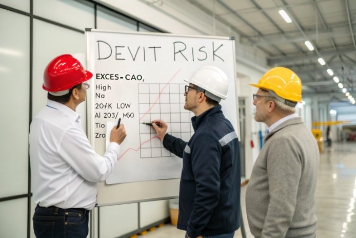Plant team reviewing devitrification risk: three engineers in hard hats discussing a chart on a whiteboard labeled “DEVIT RISK”.