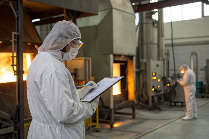 Factory inspector in protective suit checks production notes beside glass furnace line