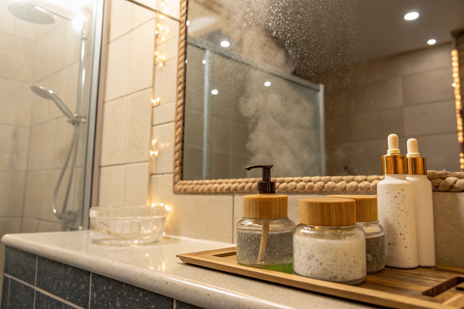 glass jars with bamboo lids and pump bottles on steamy bathroom counter