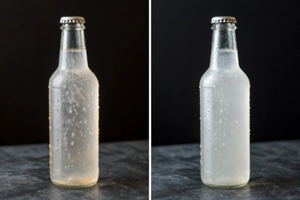 Side by side chilled glass bottles showing condensation versus frost for thermal testing