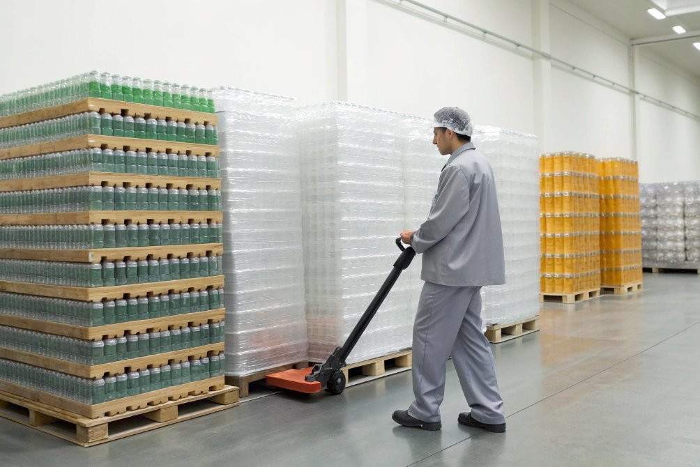 Worker moving stacked pallets of shrink wrapped glass bottles in clean warehouse