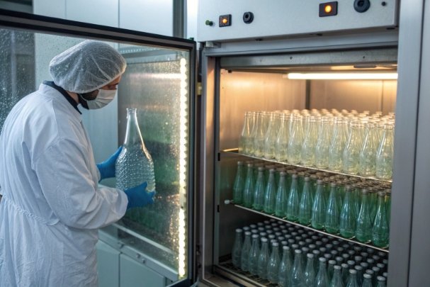 Bottle sterilization chamber Cleanroom worker loading glass bottles into heated chamber for sterilization and drying