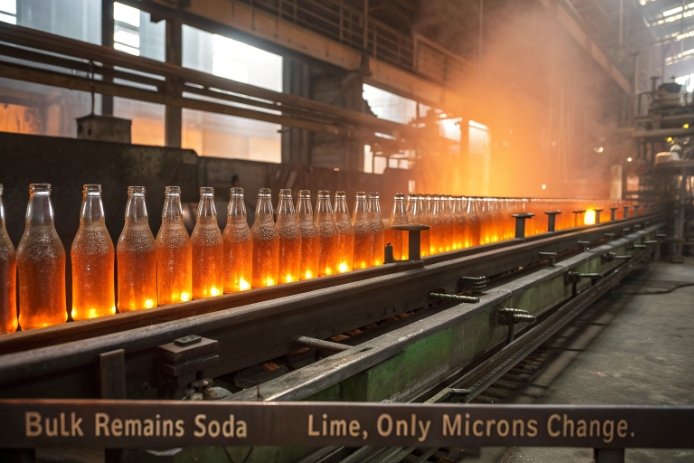 Hot-end conveyor of glowing bottles with text “Bulk remains soda lime, only microns change,” emphasizing that surface alteration (thin leached layer) can occur without changing bulk glass composition.