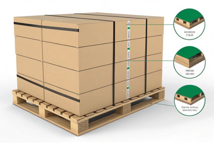 Strapped corrugated cartons on wooden pallet with edge protection for secure export shipment.