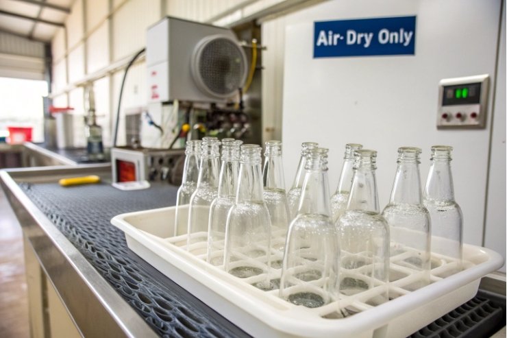 Clean empty glass bottles air-drying in tray on packaging line