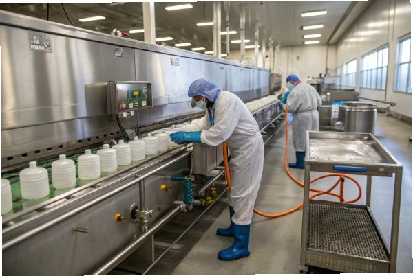 Factory worker inspecting plastic bottles on production line in clean room