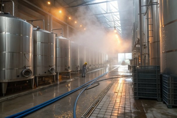 Industrial CIP sanitation area with stainless tanks, steam, and wash hoses in factory