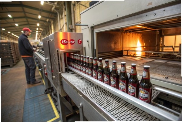 Filled glass beer bottles entering tunnel pasteurizer for heat treatment