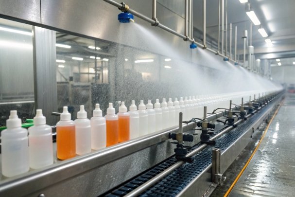 White and amber liquid bottles under spray nozzles in automated rinsing and cooling tunnel