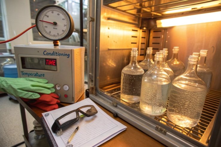 Clear glass bottles in conditioning chamber with pressure gauge and test logbook