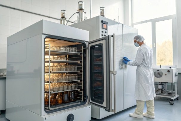 Sterilization Chamber Technician operating sterilization chamber with racks of bottles in cleanroom facility