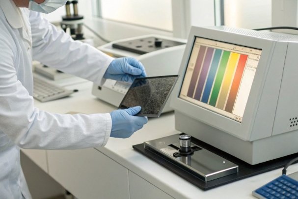 Lab technician using spectrophotometer to test glass coating color and transmittance