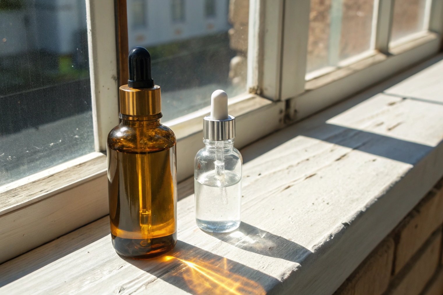 amber and clear glass dropper bottles with skincare formulas on sunlit windowsill