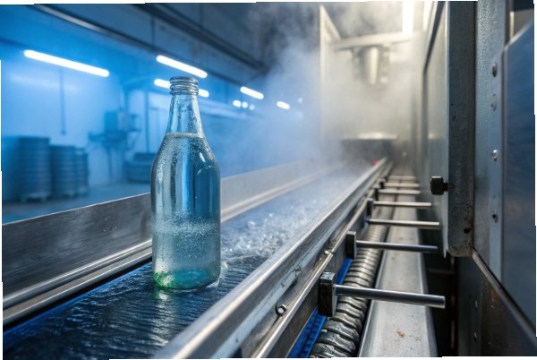 Glass bottle on conveyor under mist spray during cooling and rinsing process
